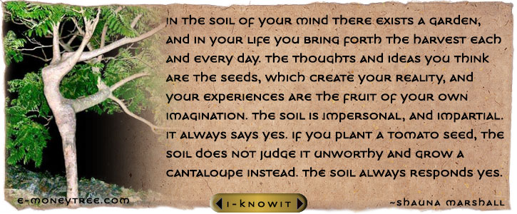 In the soil of your mind there exists a garden, and in your life you bring forth the harvest each and every day. The thoughts and ideas you think are the seeds, which create your reality, and your experiences are the fruit of your own imagination. The soil is impersonal, and impartial. It always says yes. If you plant a tomato seed, the soil does not judge it unworthy and grow a cantaloupe instead. The soil always responds yes.  ~Shauna Marshall